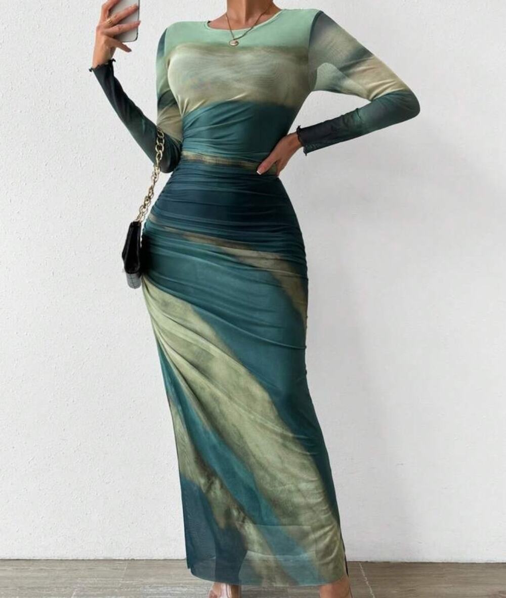 Sz L Green Ombre Bodycon Long Sleeve Ruched Lang Dress Date Night Forest Fairy